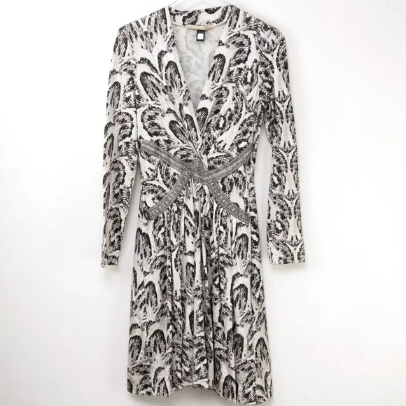 Roberto Cavalli | Dresses | Roberto Cavalli Long Sleeve Print Dress Beaded  Black Off White Metallic Gold 2 | Poshmark